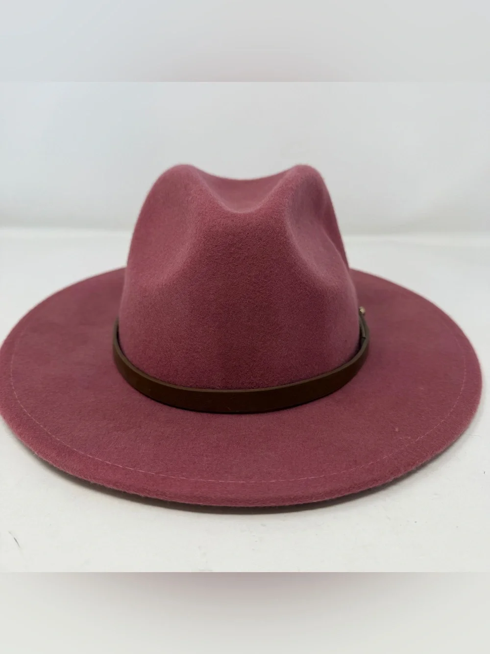 Anthropologie Pink Wool Wide Brim Fedora Hat Leather Band Womens One Size